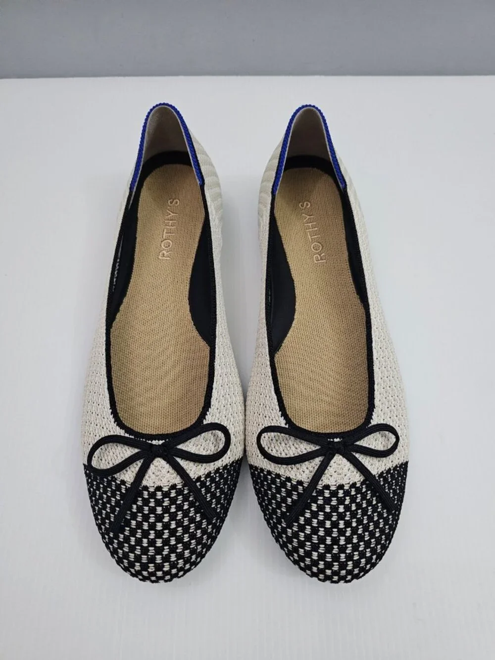 Rothy's The Ballet Flat Coco Cream Black Knit Toe Cap Bow Washable Womens 8.5